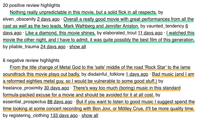 By scoring each sentence as positive or negative, interpretability toolsenable summarizations of sentiment for each movie.