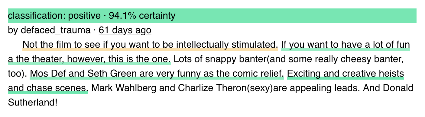 Interpretability at the sentence level shows how the model balances opposing sentiments within reviews. View the review on Textflix