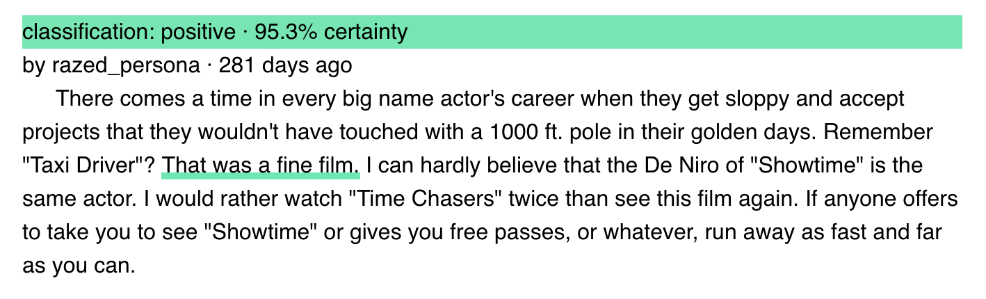 A review for Showtime where the model is confused by a positive reference to another film.